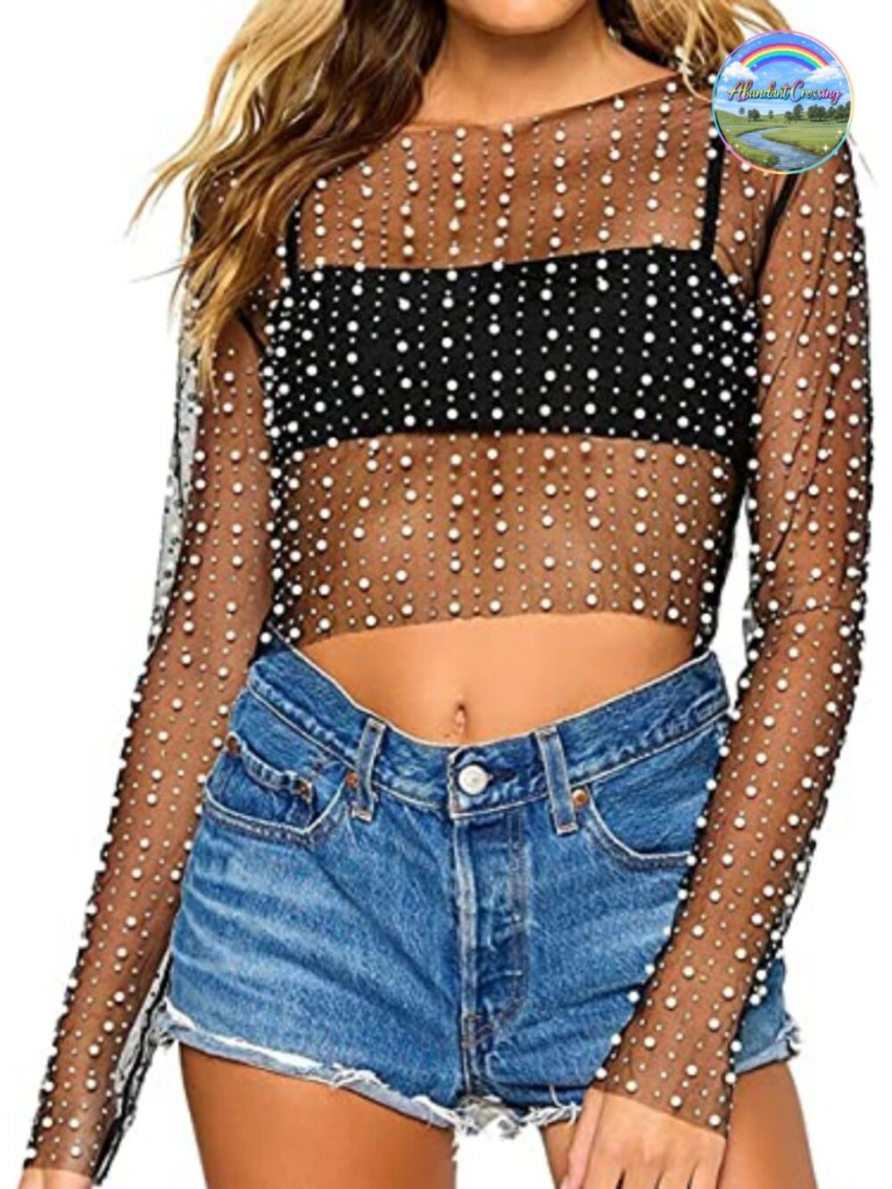 Willow Dance Sheer Mesh Rhinestone Pearl Long Sleeve Crop Top Cover Up